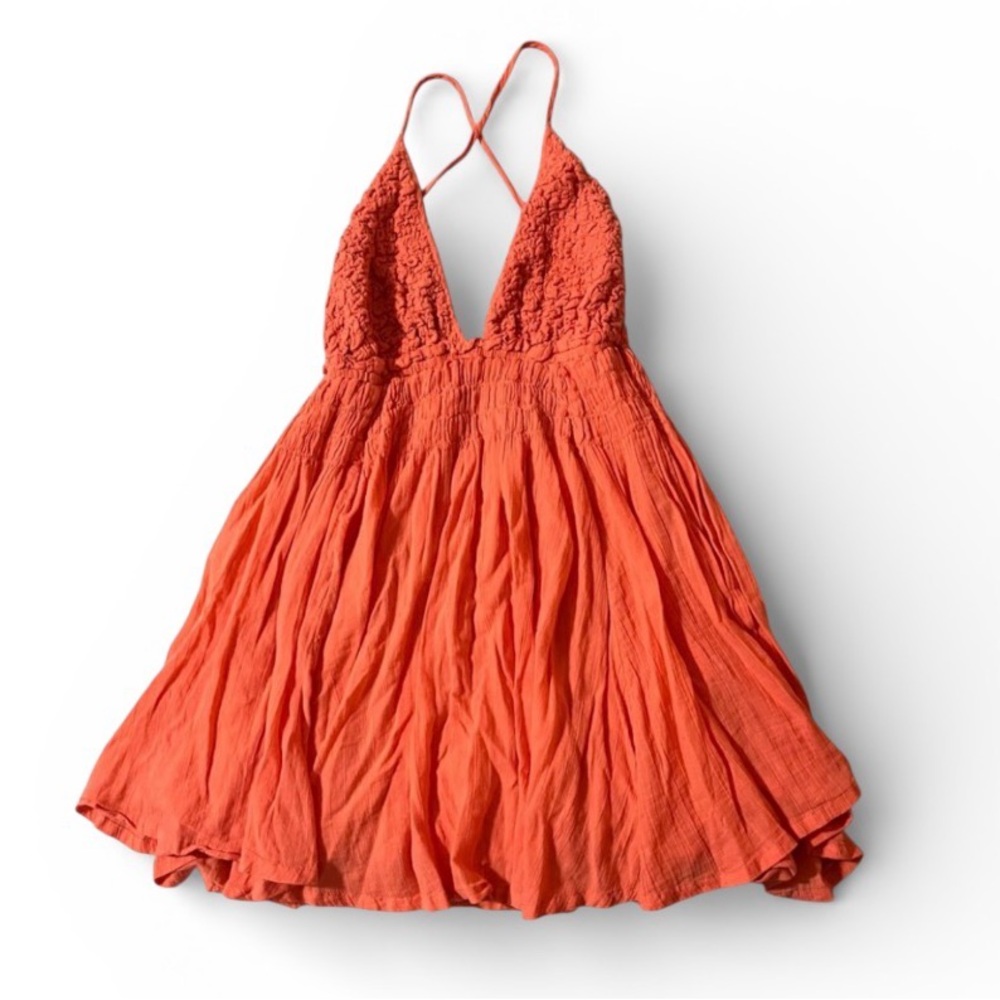 Free People Vibrant Coral Backless Crinkled Sundress